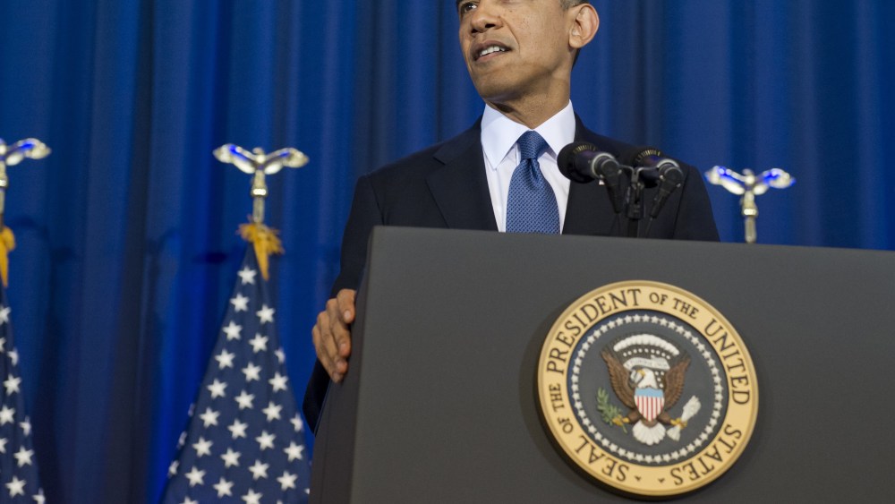 US President Barack Obama speaks about his administration's drone and counterterrorism policies, as well as the military prison at Guantanamo Bay, at the National Defense University in Washington, DC, May 23, 2013. (Photo by Saul Loeb/AFP/Getty Images)