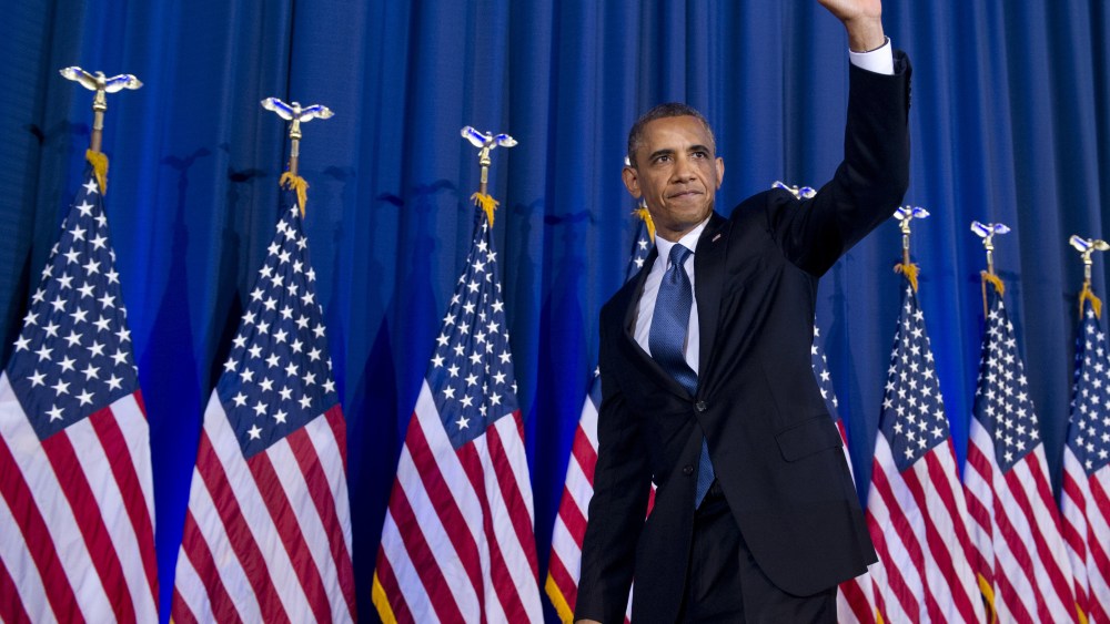 President Obama waves after speaking about his administration's drone and counterterrorism policies, as well as the military prison at Guantanamo Bay, at the National Defense University in Washington, DC, May 23, 2013. (Photo by Saul Loeb/AFP/Getty...