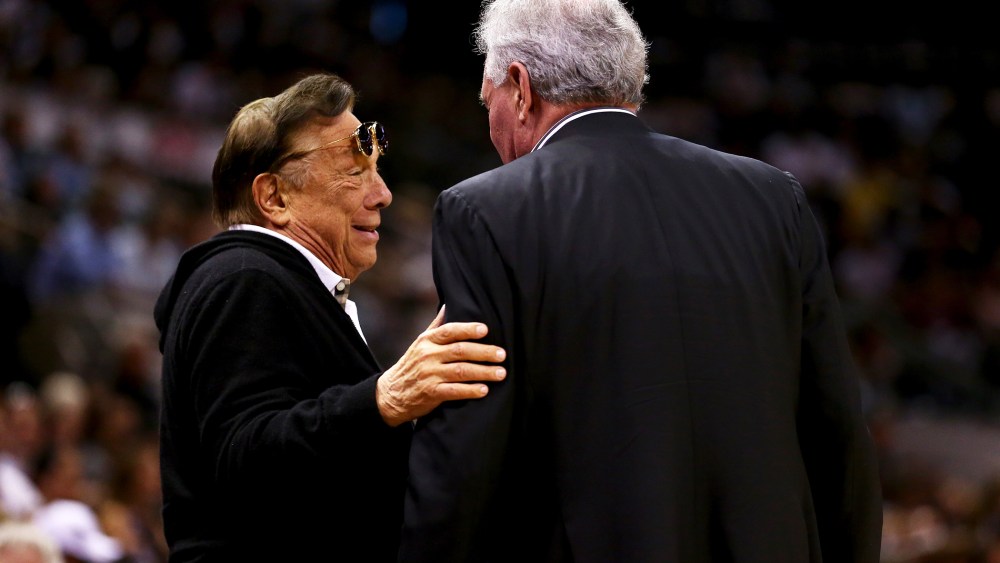 Donald Sterling talks with Peter Holt, owner of the San Antonio Spurs on May 19, 2013 in San Antonio, Texas.