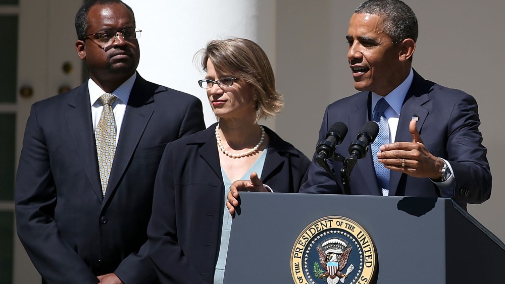 U.S. President Barack Obama speaks while nominating Cornelia Pillard, Patricia Millett and Robert Wilkins, to become federal judges.