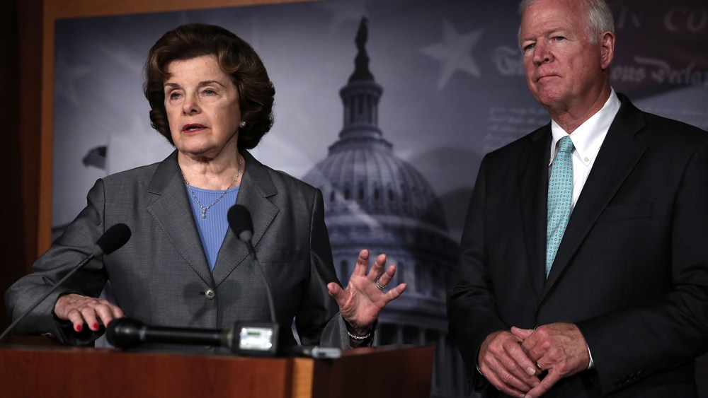 Chairman and Vice Chairman of the U.S. Senate Select Committee on Intelligence, Sen. Dianne Feinstein (D-CA) and U.S. Sen. Saxby Chambliss (R-GA) on Capitol Hill in Washington, D.C., June 6, 2013.