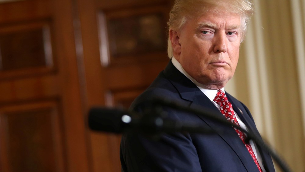 U.S. President Donald Trump looks at Japanese Prime Minister Shinzo Abe during a joint news conference at the White House in Washington, U.S.