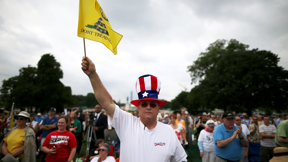 Al Teague of Myrtle Beach, SC. holds a flag while attending a Tea Party rally in front of the U.S. Capitol, June 17, 2013 in Washington, DC.