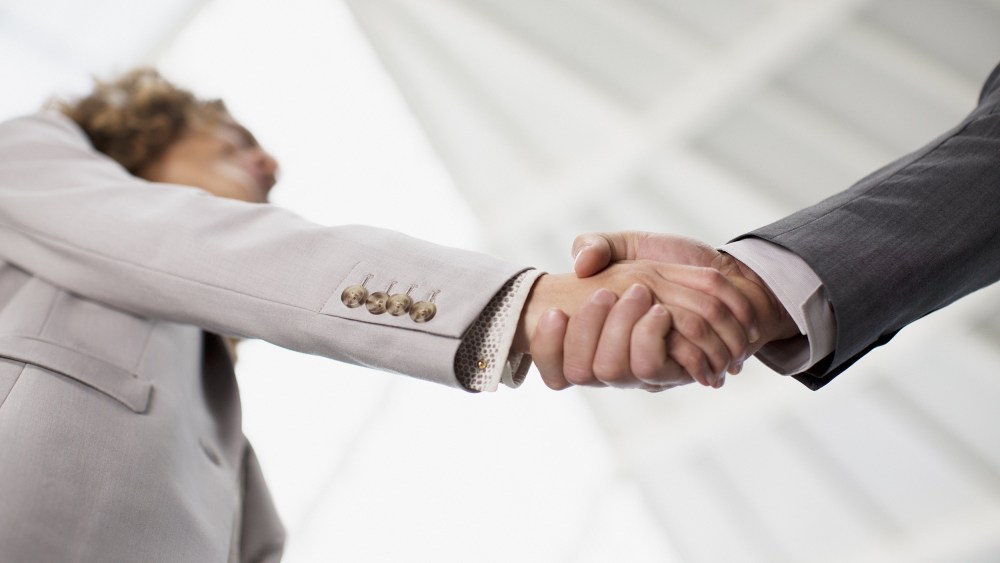 Image: Businessman and businesswoman shaking hands