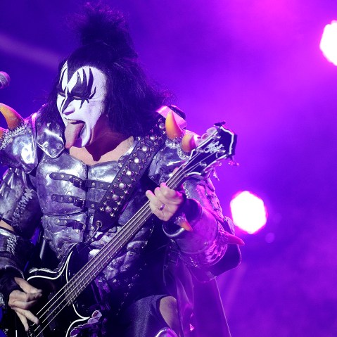 The bassist of US rock band Kiss Gene Simmons performs on stage during the Hellfest Heavy Music Festival on June 22, 2013 in Clisson, western France. (Photo by Jean-Sebastien Evrard/AFP/Getty)