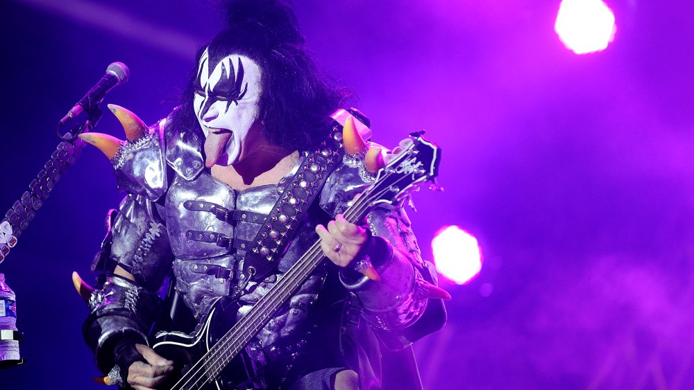 The bassist of US rock band Kiss Gene Simmons performs on stage during the Hellfest Heavy Music Festival on June 22, 2013 in Clisson, western France. (Photo by Jean-Sebastien Evrard/AFP/Getty)
