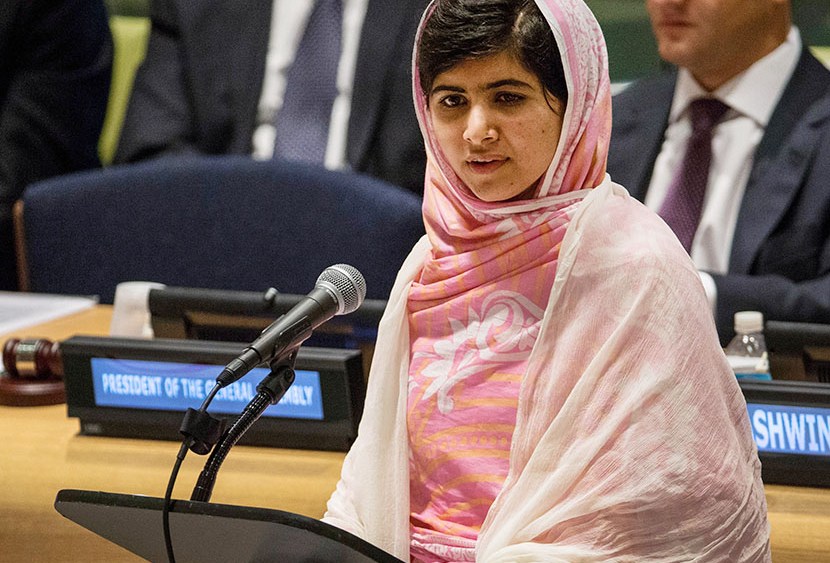 Malala Yousafzai, the 16-year-old Pakistani advocate for girls' education who was shot in the head by the Taliban, speaks at the United Nations (UN) Youth Assembly on July 12, 2013, in New York City. The United Nations declared July 12, "Malala Day." ...