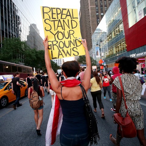 People march through the street after a rally for Trayvon Martin, July 14, 2013, in New York, N.Y.