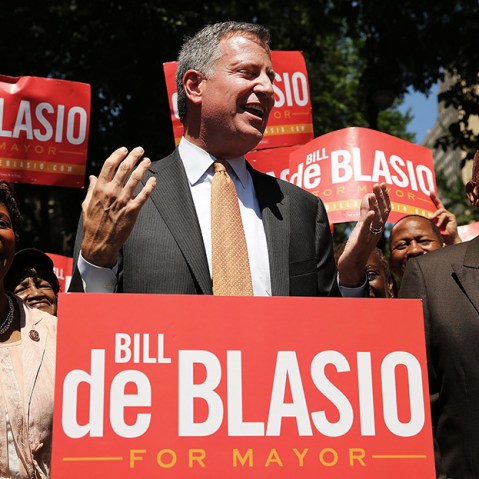 Entertainer and human rights activist Harry Belafonte (right) stands with New York Democratic mayoral candidate Bill de Blasio during a campaign event on July 30, 2013 in New York City.  (Photo by Spencer Platt/Getty Images)