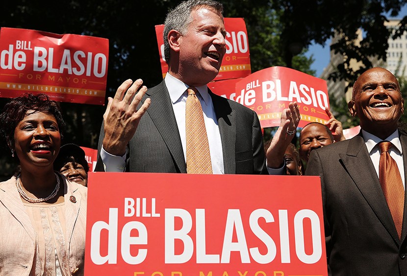 Entertainer and human rights activist Harry Belafonte (right) stands with New York Democratic mayoral candidate Bill de Blasio during a campaign event on July 30, 2013 in New York City.  (Photo by Spencer Platt/Getty Images)