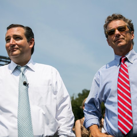 U.S. Sen. Ted Cruz (R-TX) (L) and Sen. Rand Paul (R-KY) wait to speak at the "Exempt America from Obamacare" rally,  on Capitol Hill on Sept. 10, 2013 in Washington, DC.