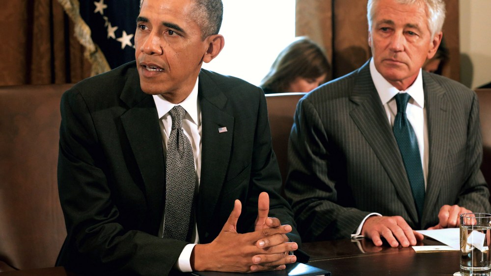 U.S. President Barack Obama makes briefs remarks to the news media at the beginning of a cabinet meeting with Defense Secretary Chuck Hagel in the Cabinet Room of the White House, September 12, 2013 in Washington, D.C.