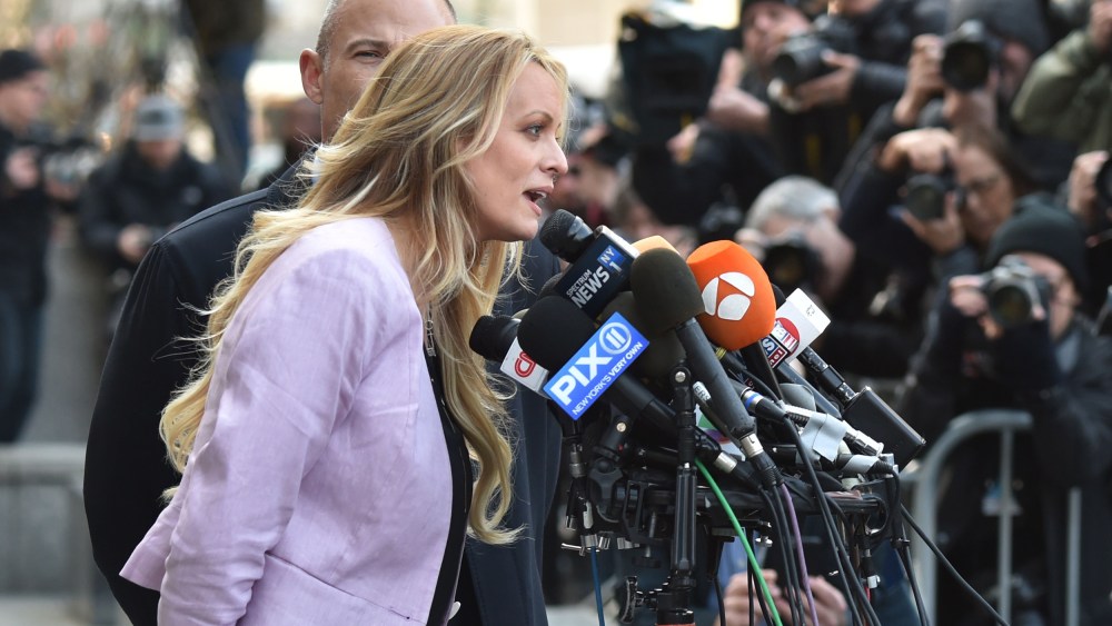 Image: Stormy Daniels speaks to members of the media outside U.S. Federal Court