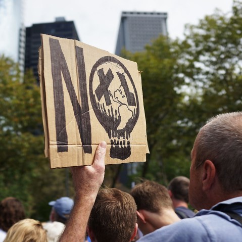 Anti-fracking and Keystone XL pipeline activists demonstrate in lower Manhattan on September 21, 2013 in New York City