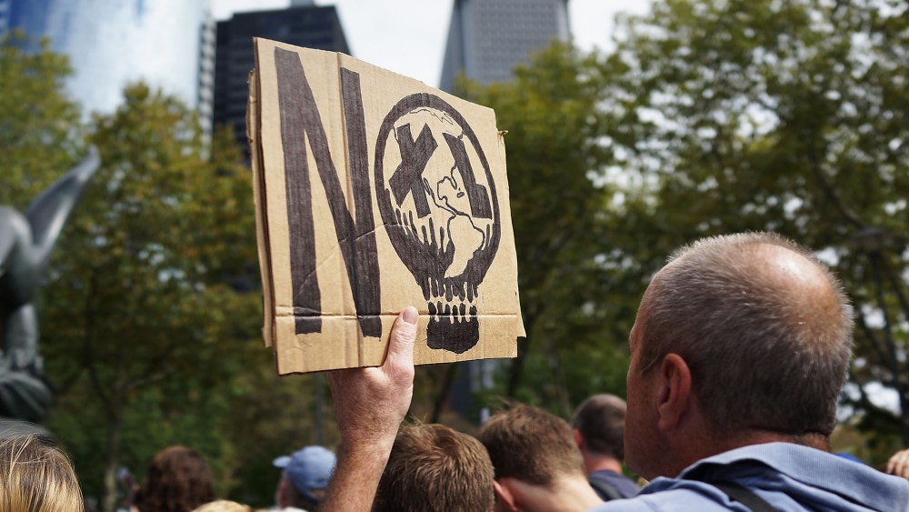 Anti-fracking and Keystone XL pipeline activists demonstrate in lower Manhattan on September 21, 2013 in New York City