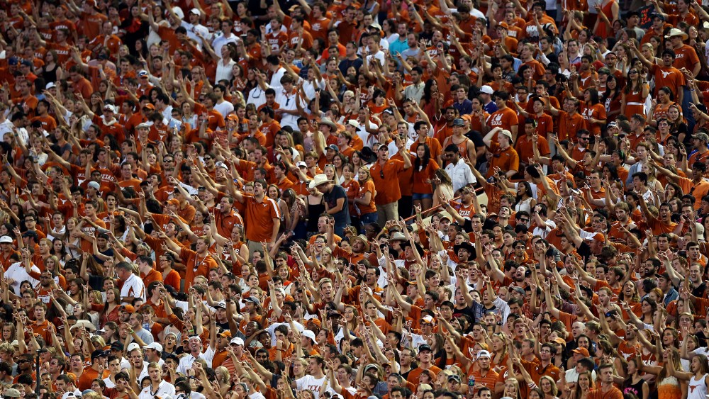 Texas Longhorns fans cheer during a game against the Kansas State Wildcats at Darrell K Royal-Texas Memorial Stadium on Sept. 21, 2013 in Austin, Texas.