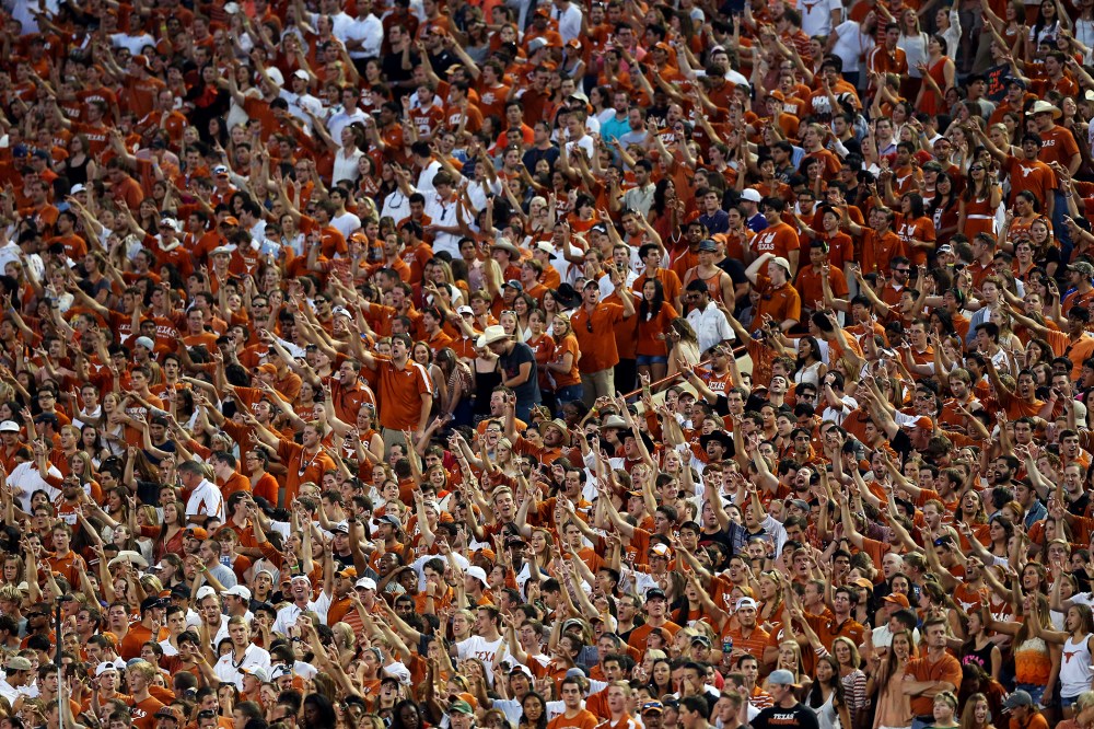 Texas Longhorns fans cheer during a game against the Kansas State Wildcats at Darrell K Royal-Texas Memorial Stadium on Sept. 21, 2013 in Austin, Texas.