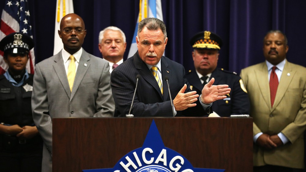 Chicago Police Superintendent Garry McCarthy (C) holds a press conference, Sept. 24, 2013, in Chicago, Ill.