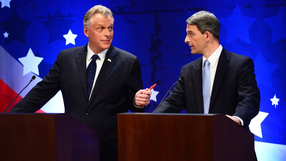 Virginia gubernatorial candidates Terry McAuliff and Ken Cuccinelli participate in a debate on September 25, 2013 in McLean, Va.