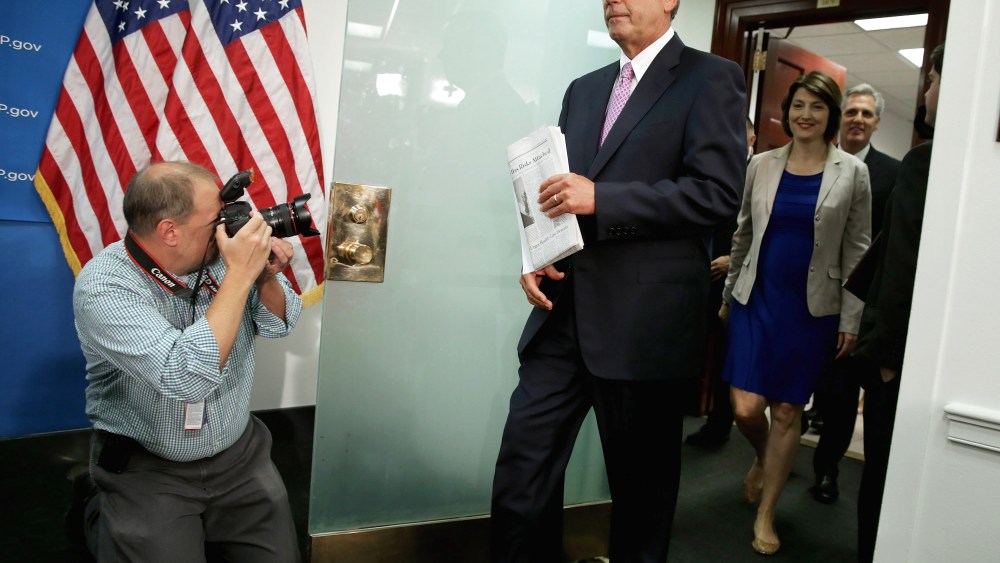 Speaker of the House John Boehner arrives for a news conference with Rep. Cathy McMorris Rodgers and House Majority Whip Kevin McCarthy after a House Republican caucus meeting at the U.S. Capitol October 4, 2013 in Washington, DC.