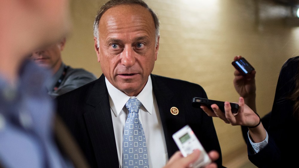 Rep. Steve King speaks with reporters as he leaves the House Republican Conference meeting, Oct. 4, 2013.