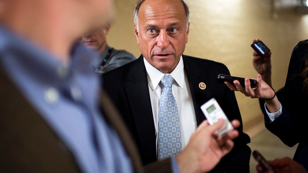 Rep. Steve King, R-Iowa, speaks with reporters as he leaves the House Republican Conference meeting in the basement of the Capitol on Oct. 4, 2013 in Washington, D.C. (Photo By Bill Clark/CQ Roll Call/Getty)