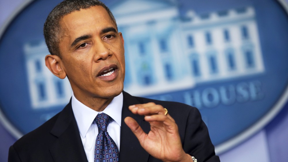 U.S. President Barack Obama speaks during a press conference in the Brady Press Briefing Room of the White House on October 8, 2013 in Washington, DC.
