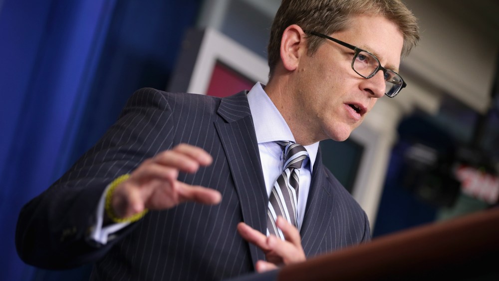 White House Press Secretary Jay Carney talks to reporters during the daily press briefing at the White House October 10, 2013 in Washington, DC.