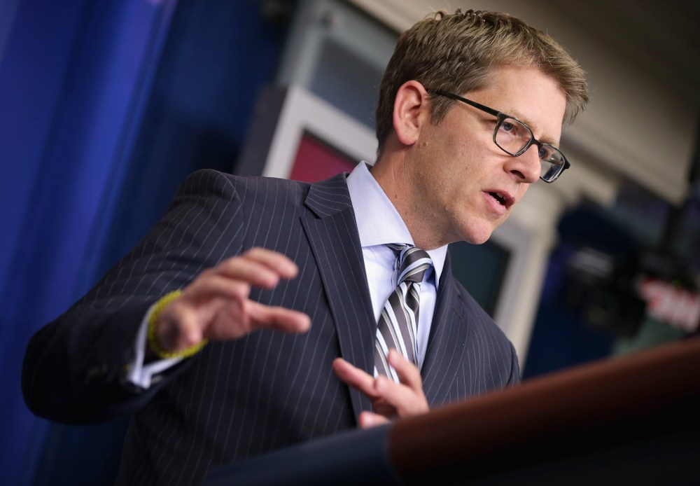 White House Press Secretary Jay Carney talks to reporters during the daily press briefing at the White House October 10, 2013 in Washington, D.C.