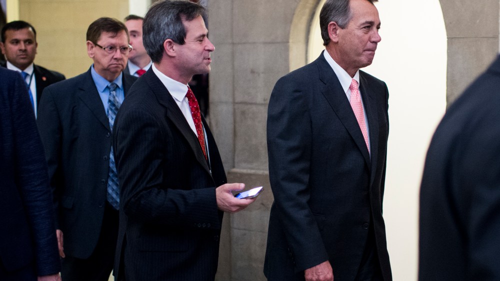 Speaker of the House John Boehner, R-Ohio, walks back to his office after a vote on the House floor in the Capitol on Thursday, Oct. 10, 2013.