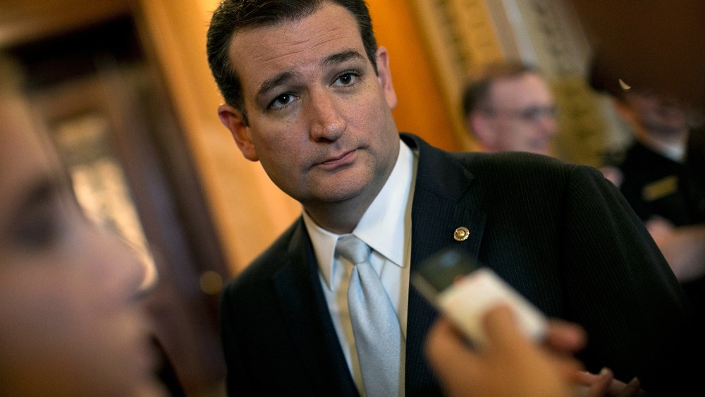Sen. Ted Cruz (R-TX) (C) talks with reporters following a meeting at the White House between Republican members of the U.S. Senate with U.S. President Barack Obama