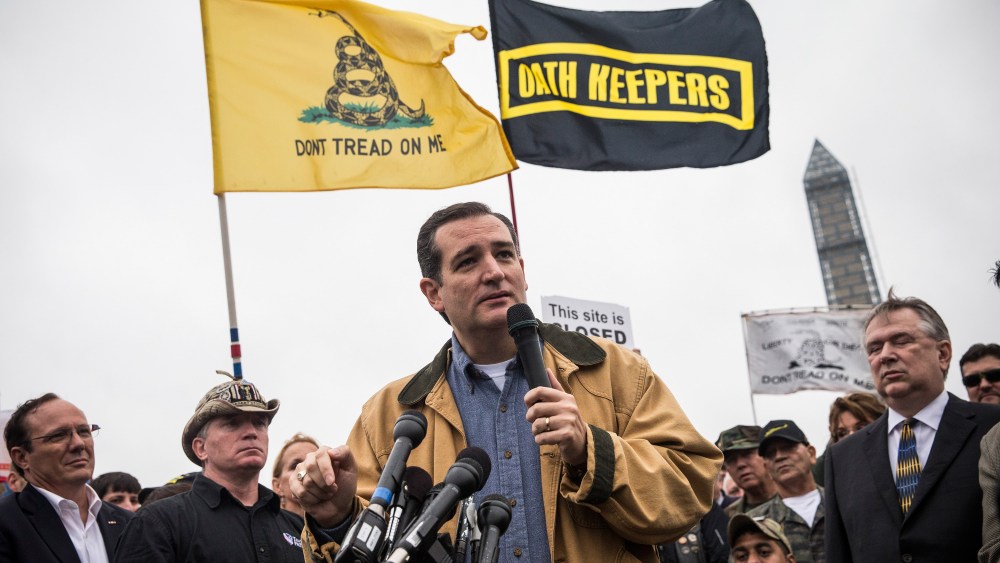Sen. Ted Cruz speaks at a rally supported by military veterans, Tea Party activists and Republicans, regarding the government shutdown on October 13, 2013 in Washington, DC.