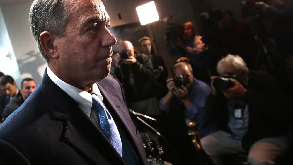 Speaker of the House Rep. John Boehner (R-OH) answers questions from the press followiong a meeting of House Republicans at the U.S. Capitol on Oct. 15, 2013 in Washington, DC.