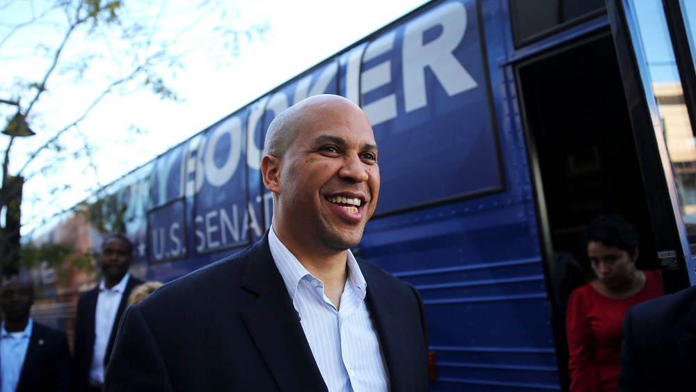 Cory Booker, Newark Mayor and Democratic candidate in tomorrow's U.S. Senate special election in New Jersey, campaigns in downtown Newark on October 15, 2013 in Newark, New Jersey.