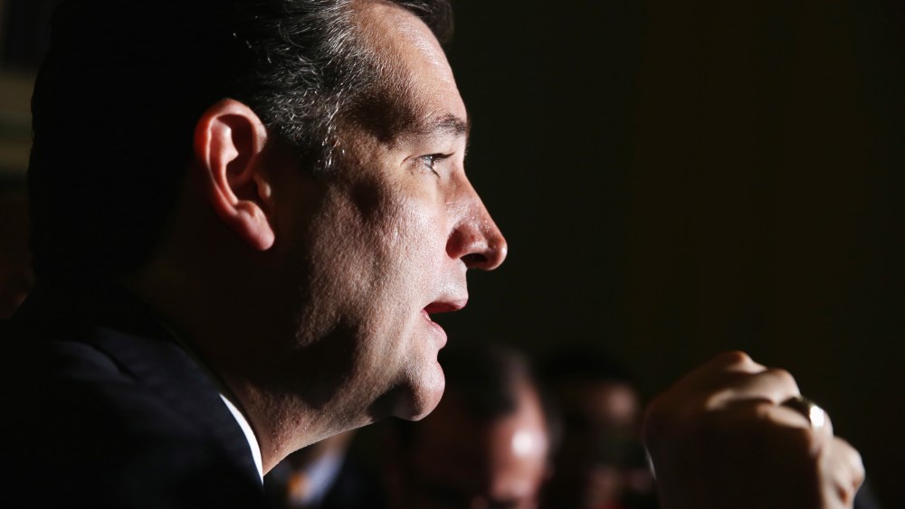 U.S. Sen. Ted Cruz (R-TX) speaks to members of the media after a meeting with the Senate Republicans at the U.S. Capitol on Oct. 16, 2013 on Capitol Hill in Washington, DC.