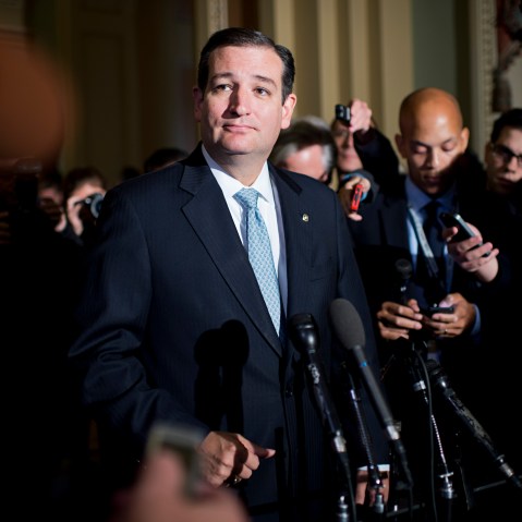 Sen. Ted Cruz, R-Texas, talks with reporters after a meeting of Senate republicans in the Capitol.
