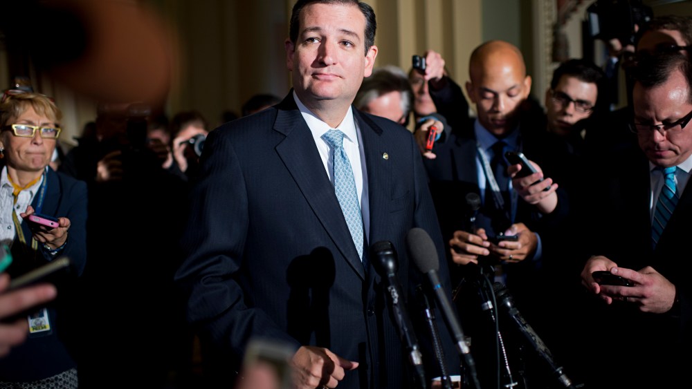 Sen. Ted Cruz, R-Texas, talks with reporters after a meeting of Senate republicans in the Capitol.