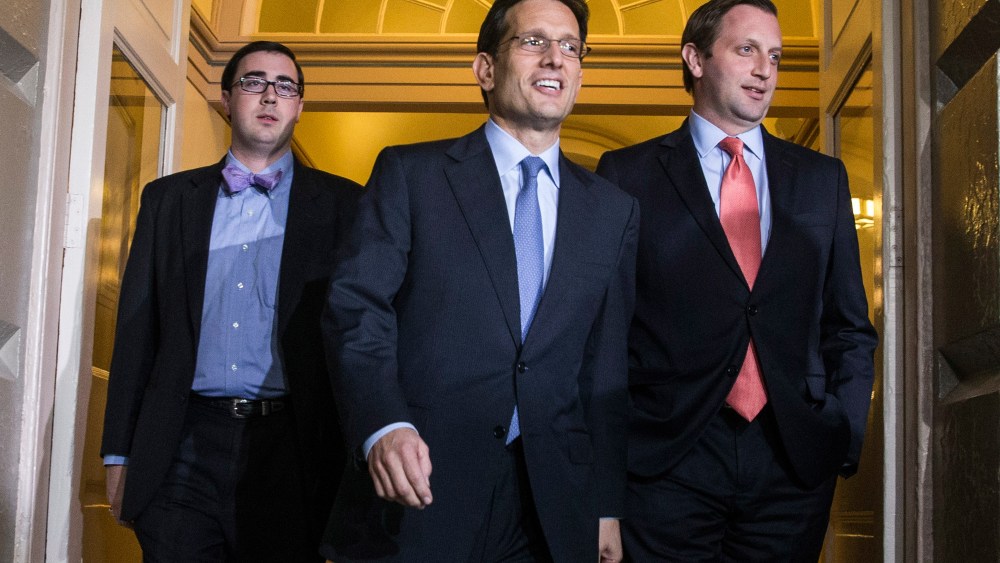 House Majority Leader Eric Cantor arrives at a House Republican meeting at the U.S. Capitol, October 16, 2013 in Washington, DC.