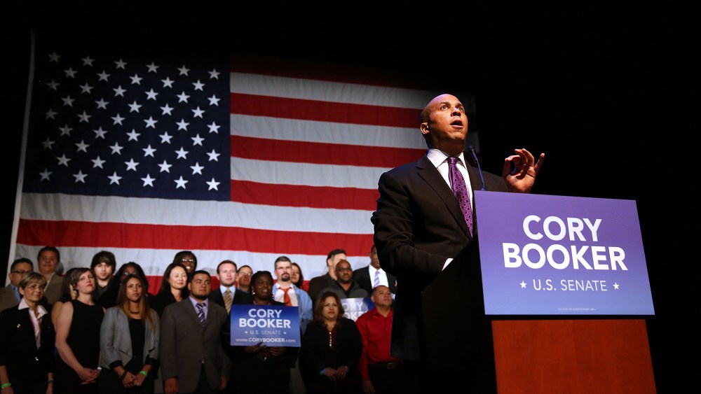 Cory Booker, Newark Mayor and newly-elected Democratic U.S. Senator, speaks after winning a special election against Republican Steve Lonegan on October 16, 2013 in Newark, New Jersey.