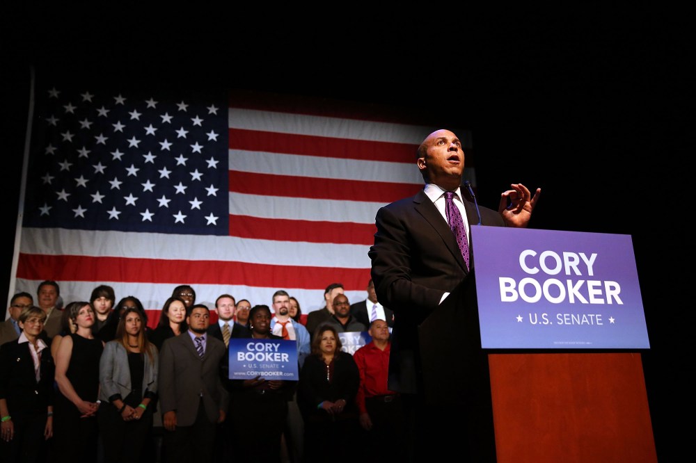 Cory Booker, Newark Mayor and newly-elected Democratic U.S. Senator, speaks after winning a special election against Republican Steve Lonegan on October 16, 2013 in Newark, New Jersey.