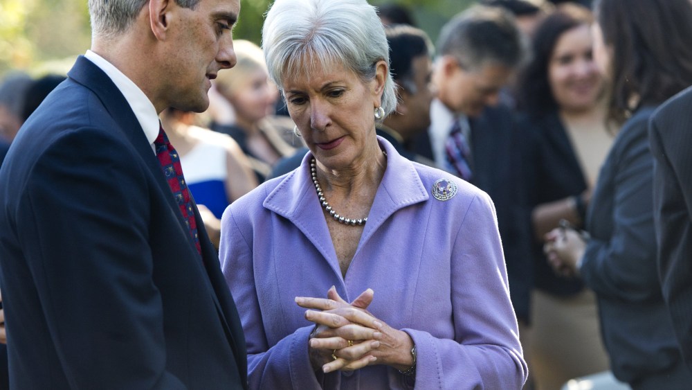 US Secretary of Health and Human Services Kathleen Sebelius speaks with White House Chief of Staff Denis McDonough following an event with President Barack Obama to speak about the Affordable Care Act, the new healthcare laws, in the Rose Garden of the Wh