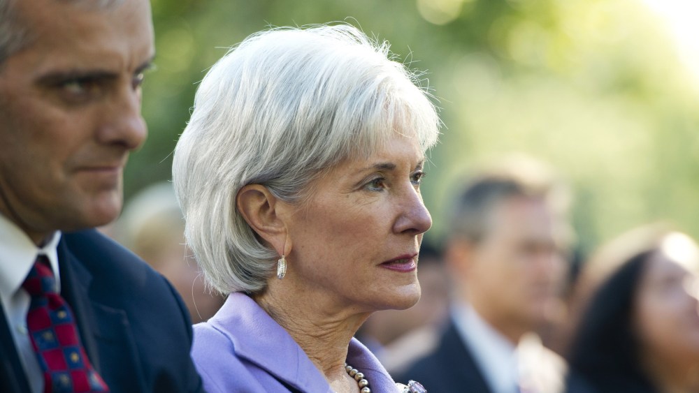 US Secretary of Health and Human Services Kathleen Sebelius attends an event with President Barack Obama to speak about the Affordable Care Act, October 21, 2013.