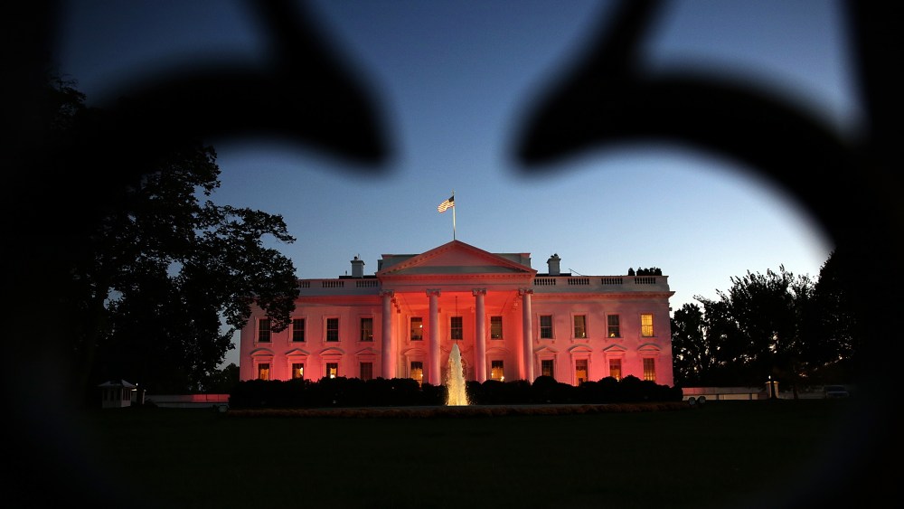 The White House is bathed in pink light for National Breast Cancer Awareness Month on Oct. 24, 2013 in Washington, DC.