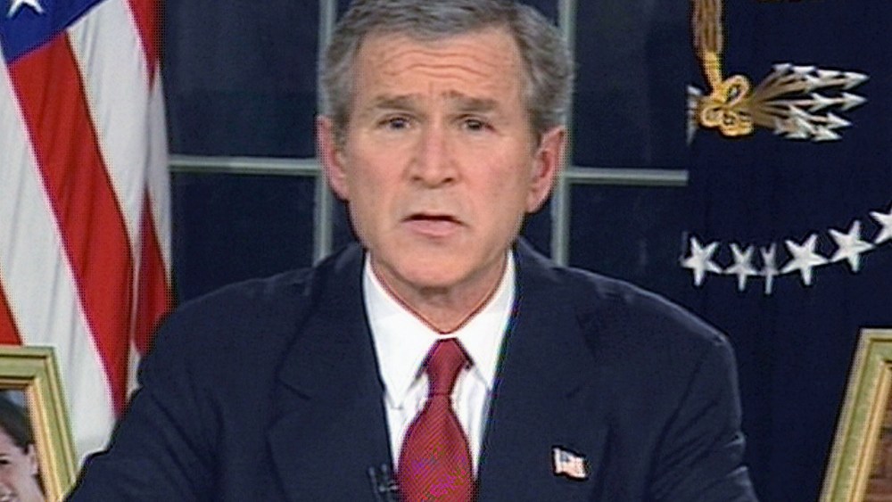 File Photo: (VIDEO CAPTURE) In this image from video, U.S. President George W. Bush announces that the U.S. military struck at "targets of opportunity" in Iraq March 19, 2003 in Washington, DC. Air defense sirens and anti-aircraft fire was reported...
