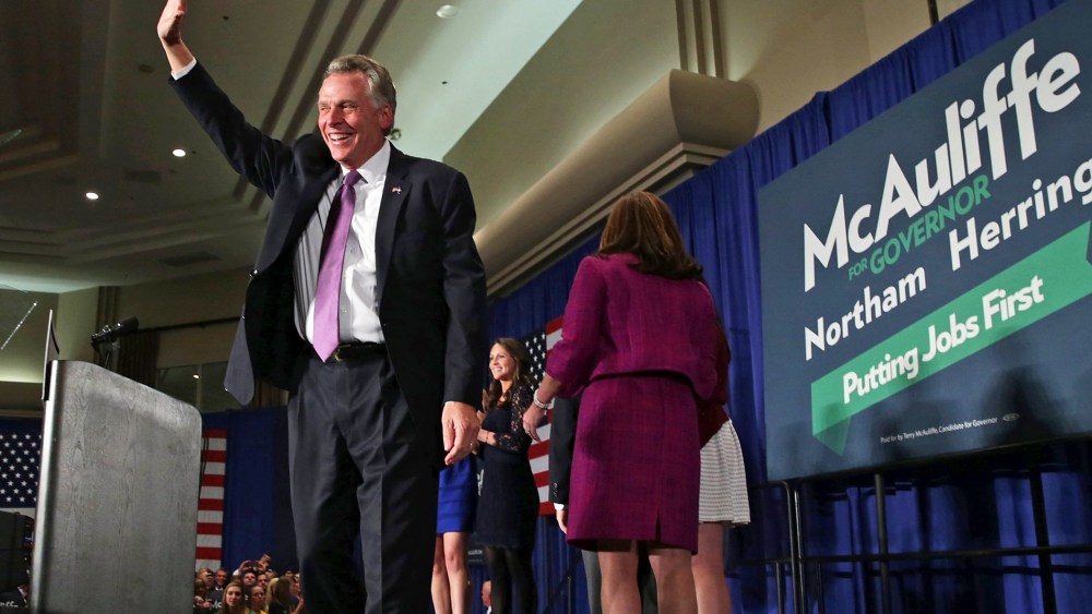 Democrat Terry McAuliffe celebrates winning the Virginia governorship at an election night party, November 5, 2013 in Tysons Corner, Virginia.