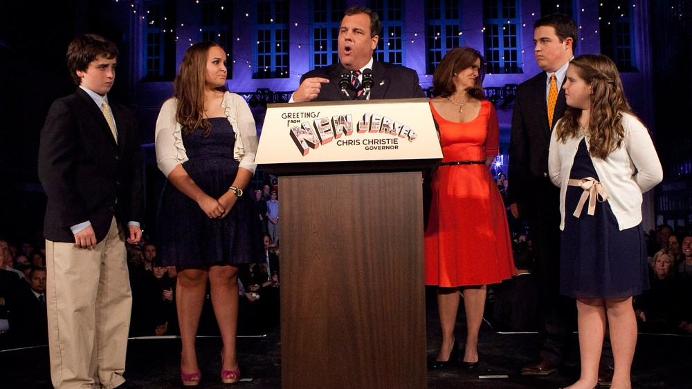 New Jersey Governor Chris Christie speaks next to his family at his election night event, Nov. 05, 2013.