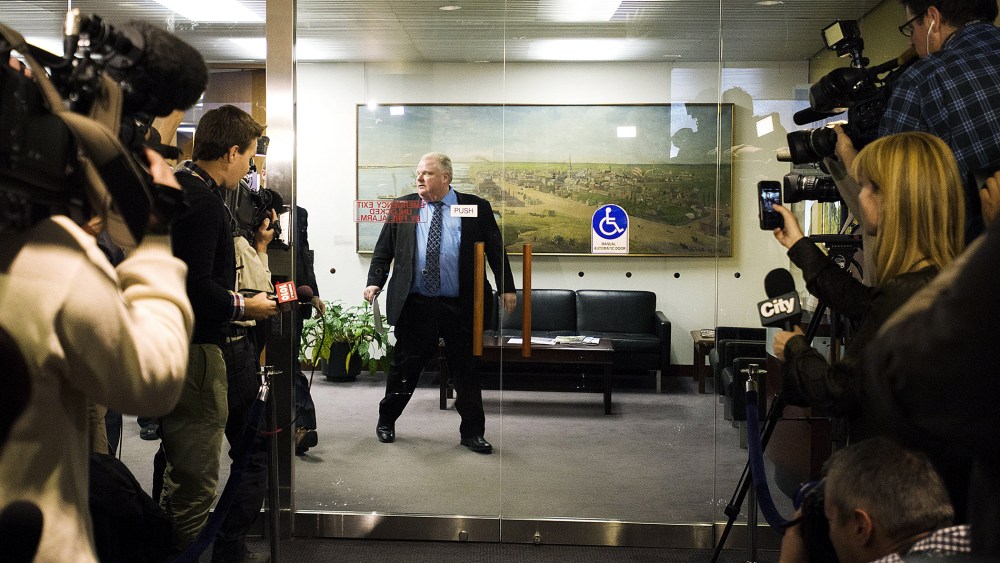 Toronto Mayor Rob Ford walks toward the media on Nov. 15, 2013 in Toronto, Canada.