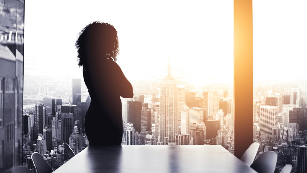 Image: Silhouetted shot of a young businesswoman looking at a cityscape from an office window