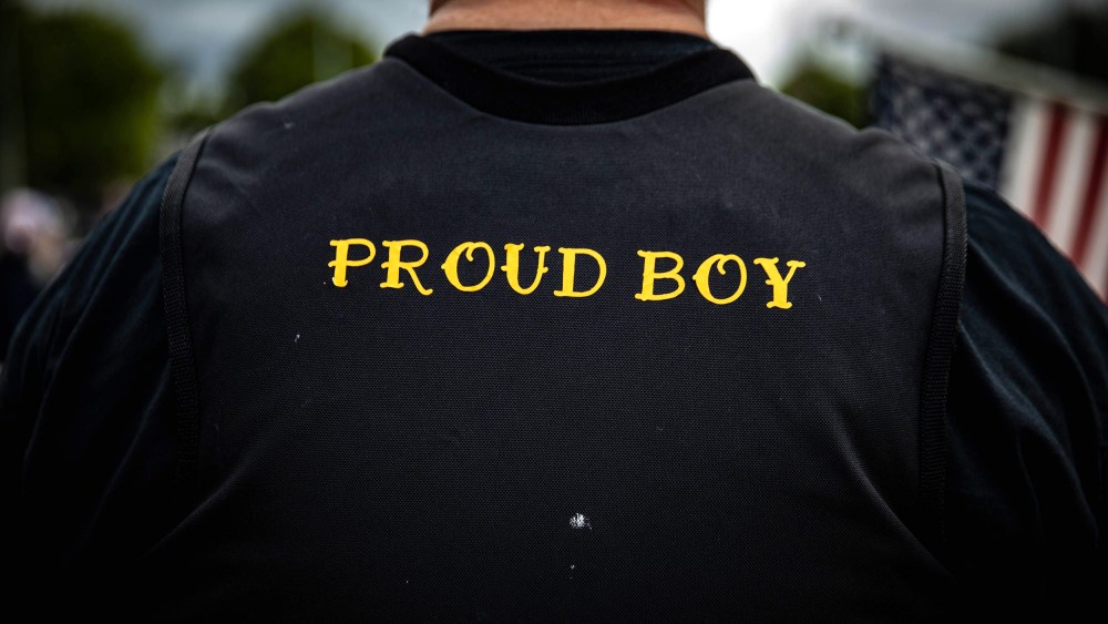 A man wears a Proud Boy vest as several hundred members of the Proud Boys and other similar groups gathered at Delta Park in Portland, Oregon on September 26, 2020. - Far-right group "Proud Boys" members gather in Portland to show support to US president Donald Trump and to condemn violence that have been occurring for more than three months during "Black Lives Matter" and "Antifa" protests.
