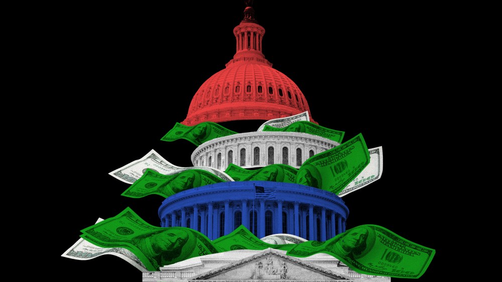 Image: Dollar bills coming out from the divided sections of the Capitol building, top section is red, middle section is white and the third section is blue.